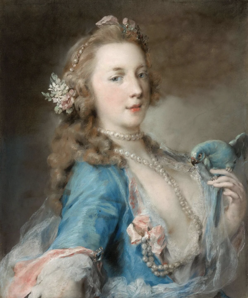 Rosalba Carriera, "A Young Lady with a Parrot," c.1730, pastel on blue laid paper, mounted on laminated paper board, 60 x 50 cm, Art Institute of Chicago, USA 
