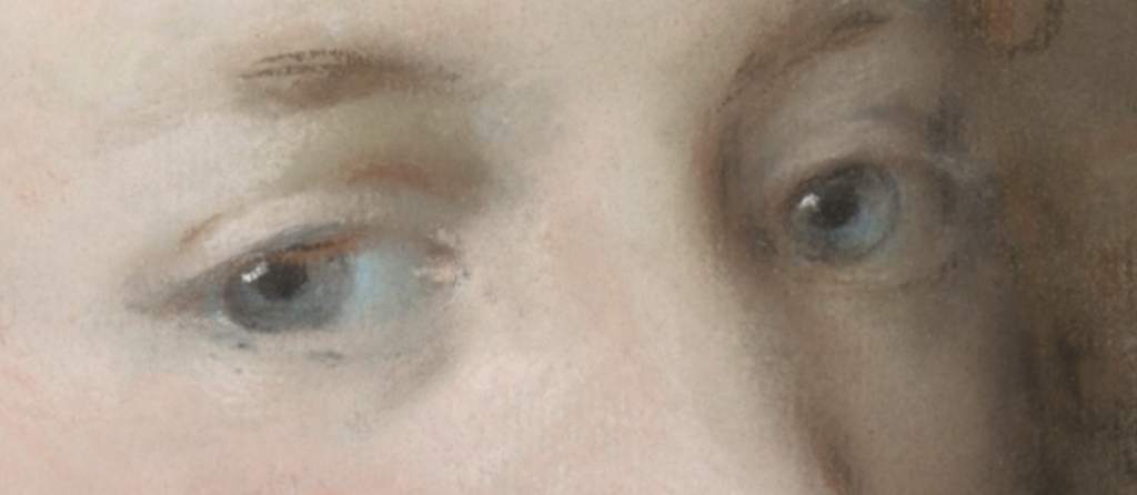 Rosalba Carriera, "A Young Lady with a Parrot," c.1730, pastel on blue laid paper, mounted on laminated paper board, 60 x 50 cm, Art Institute of Chicago, USA -detail of the eyes