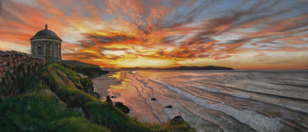 Emma Colbert, "Fiery Skies at Mussenden," soft pastel on Velour, 40 x 18in