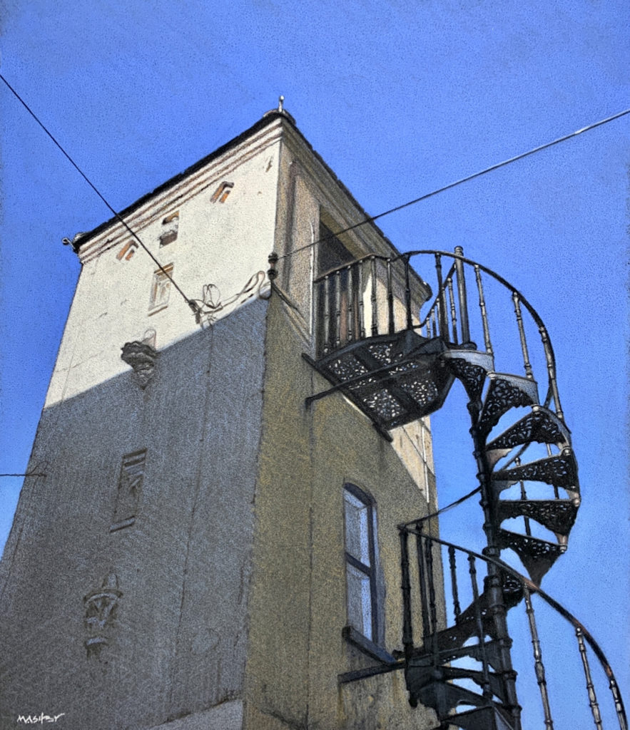 Michele Ashby, "Escape to the Blue," pastel, 34 x 31 cm. This painting shows how I used the Faber Castell 270 to give texture to the wall of the staircase creating a rough finish to the walls.