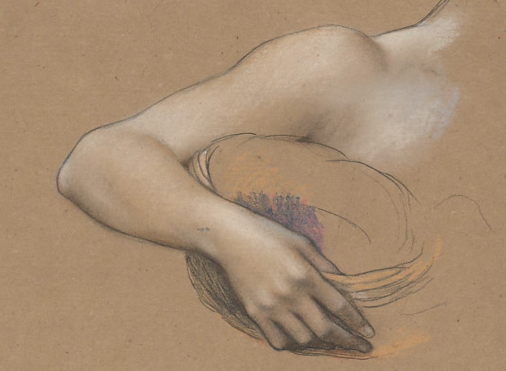 Evelyn De Morgan, Study for "The Cadence of Autumn," 1905, graphite and pastel on brown paper, 14 13/16 x 9 15/16 in (37.7 x 25.3 cm), Metropolitan Museum of Art, New York, New York, USA - detail of the top drawing