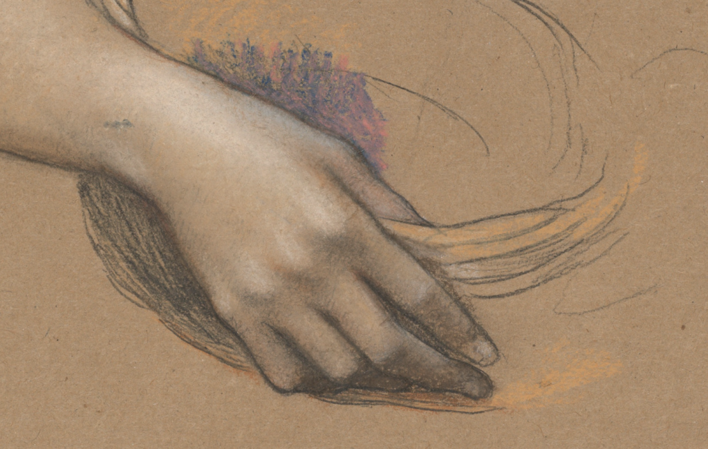 Evelyn De Morgan, Study for "The Cadence of Autumn," 1905, graphite and pastel on brown paper, 14 13/16 x 9 15/16 in (37.7 x 25.3 cm), Metropolitan Museum of Art, New York, New York, USA - close-up detail of top drawing