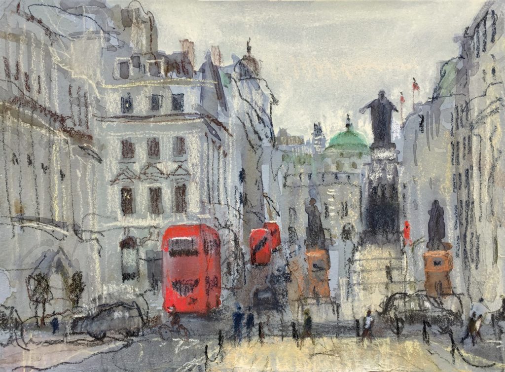 Felicity House, "From Waterloo Place, London," pastel and watercolour on Colourfix card, 13 x 19 cm.
