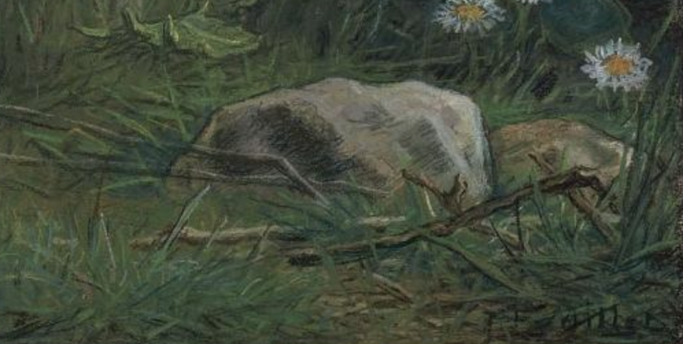 Jean-François Millet, "Dandelions," 1867-8, pastel on tan wove paper, 16 x 19 3/4 in (40.6 x 50.2 cm), Museum of Fine Arts, Boston, Massachusetts, USA - detail of grasses, leaf, twigs, and rock
