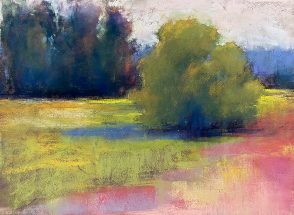 Marz Doerflinger, “Early Summer, Late Afternoon,” pastel on sanded paper, 6 x 8 in. The winning painting!