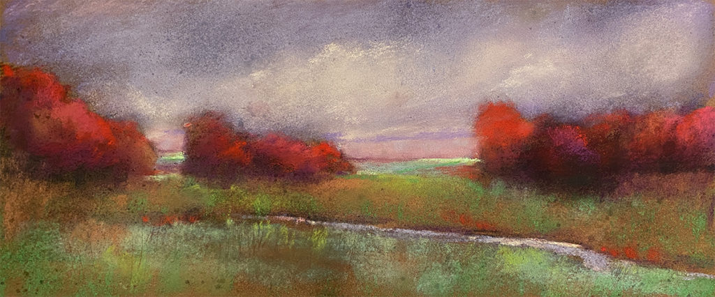 Marz Doerflinger, “The Delta 2,” pastel on sanded paper, 5x12 in. On a day when the landscape was stormy and I was feeling feisty.