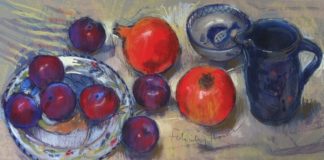 Felicity House, "Pomegranates and Plums," pastels on Art Spectrum Colourfix card, 13 x 24 cms