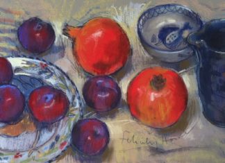 Felicity House, "Pomegranates and Plums," pastels on Art Spectrum Colourfix card, 13 x 24 cms