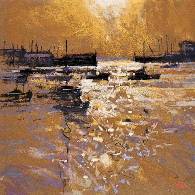 Richard Suckling, "Penzance Harbour Sunrise," pastel, 20 x 20 in.