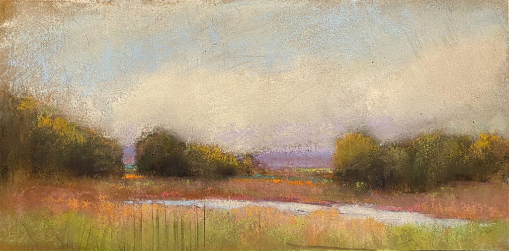 Marz Doerflinger, “The Delta,” pastel on sanded paper, 6x12 in. The same scene as “The Delta 2,” above, this one was painted on a day where the landscape was just starting to come alive and my mood was serene.