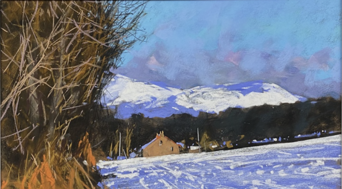 Tony Allain, "Snow at the Balloch," pastel on sanded paper, 19 1/2 x 25 1/2 in