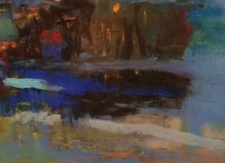 Ultramarine blue: Casey Klahn, "Hairbrush Island," 2016, Pastel, Oil, Graphite and Dry Ground, 11 1/2 x 18 in.