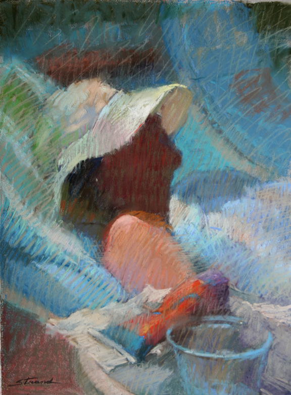 Sally Strand, "Poolside, White Hat," pastel
