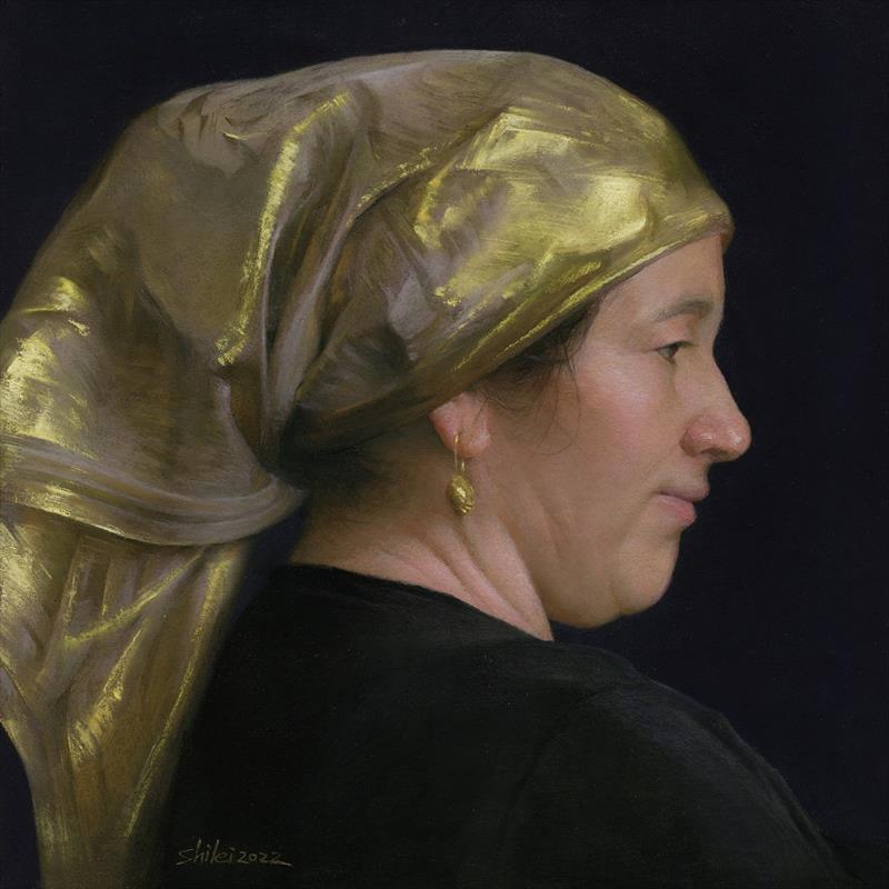 ShiLei He, "A Kashgar Woman," pastel, 14 x 14 in. First place.