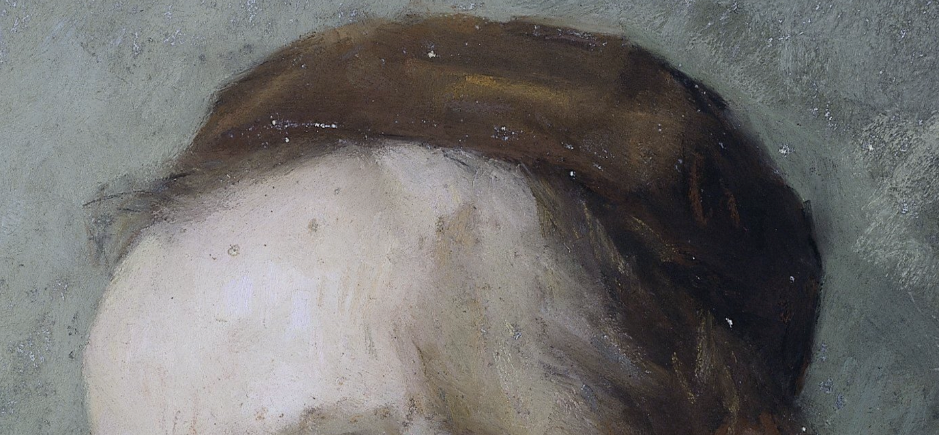 Thérèse Schwartze, “Portrait of Paul Joseph Constantin Gabriël,” 1899, pastel on paper, 76 x 46 cm (29 7/8 x 18 1/8 in), Rijksmuseum, Amsterdam. Detail - hair and cap