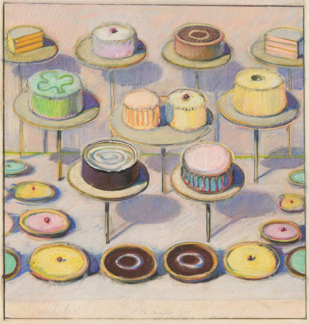 Wayne Thiebaud, "Cakes No. 1," 1967, pastel on cream tracing paper, 44.5 x 47.4 cm, Art Institute of Chicago, Chicago, Illinois, USA. © Wayne Thiebaud : Licensed by VAGA at ARS, New York