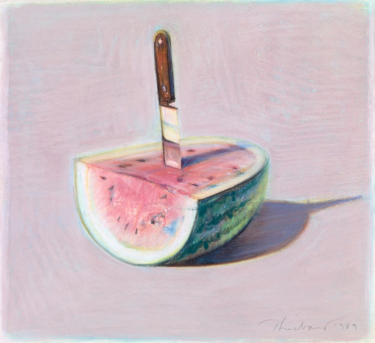 Wayne Thiebaud, "Watermelon and Knife," 1989, pastel on paper, 8 5/8 x 9 7/16 in, Crocker Art Museum, Sacramento, California, USA. © Wayne Thiebaud / Licensed by VAGA at ARS, New York