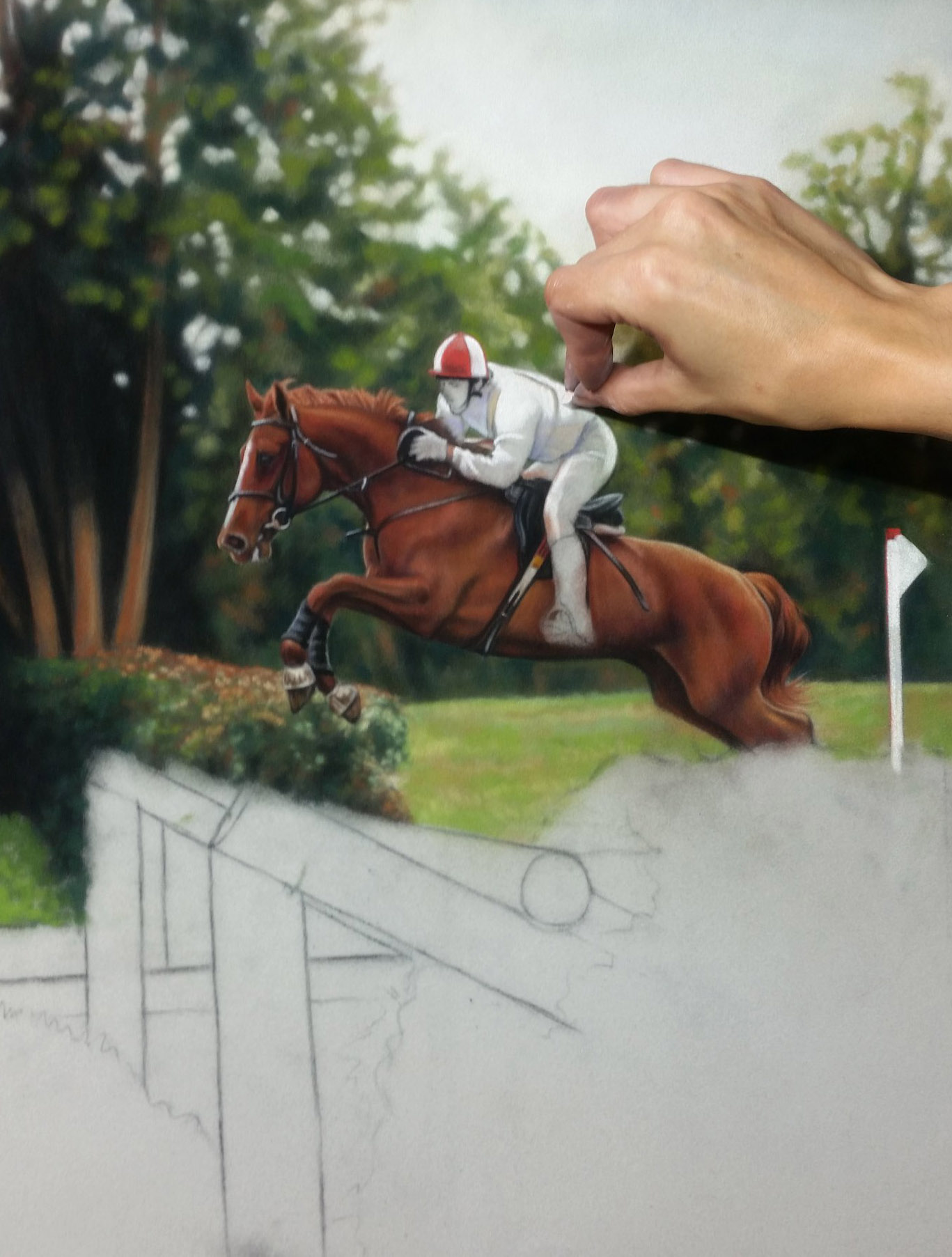 Favourite pastel hack: Emma Colbert, "Horse and Rider" in progress, soft pastel on velour, 19 x 13 in