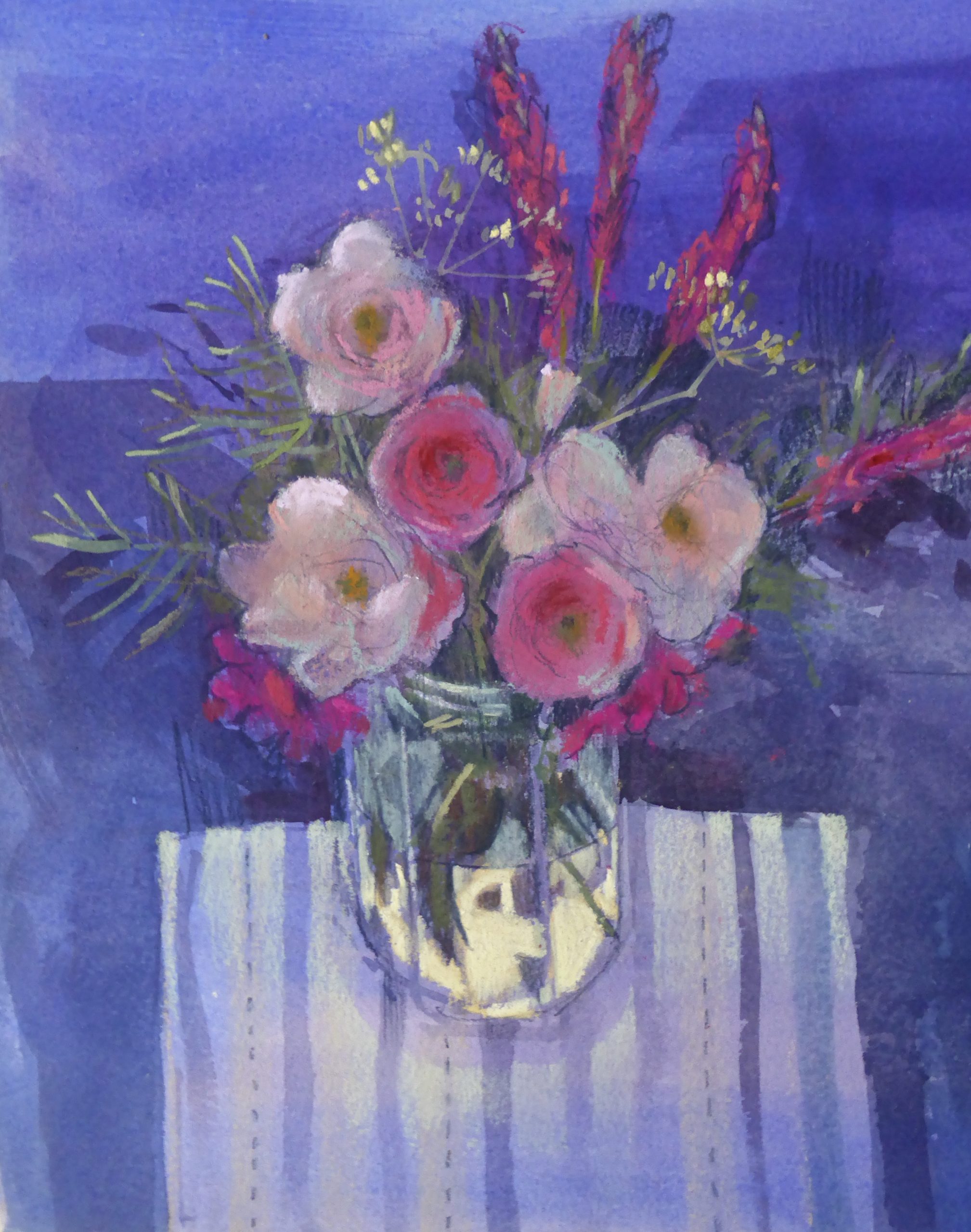 Colour of paper: Felicity House, "Flowers in a Jar," watercolour and pastel on Somerset Velvet paper, 26 x 20 cm (10 x 8 in). Paint your own paper - here I used an unusual blue/purple colour 