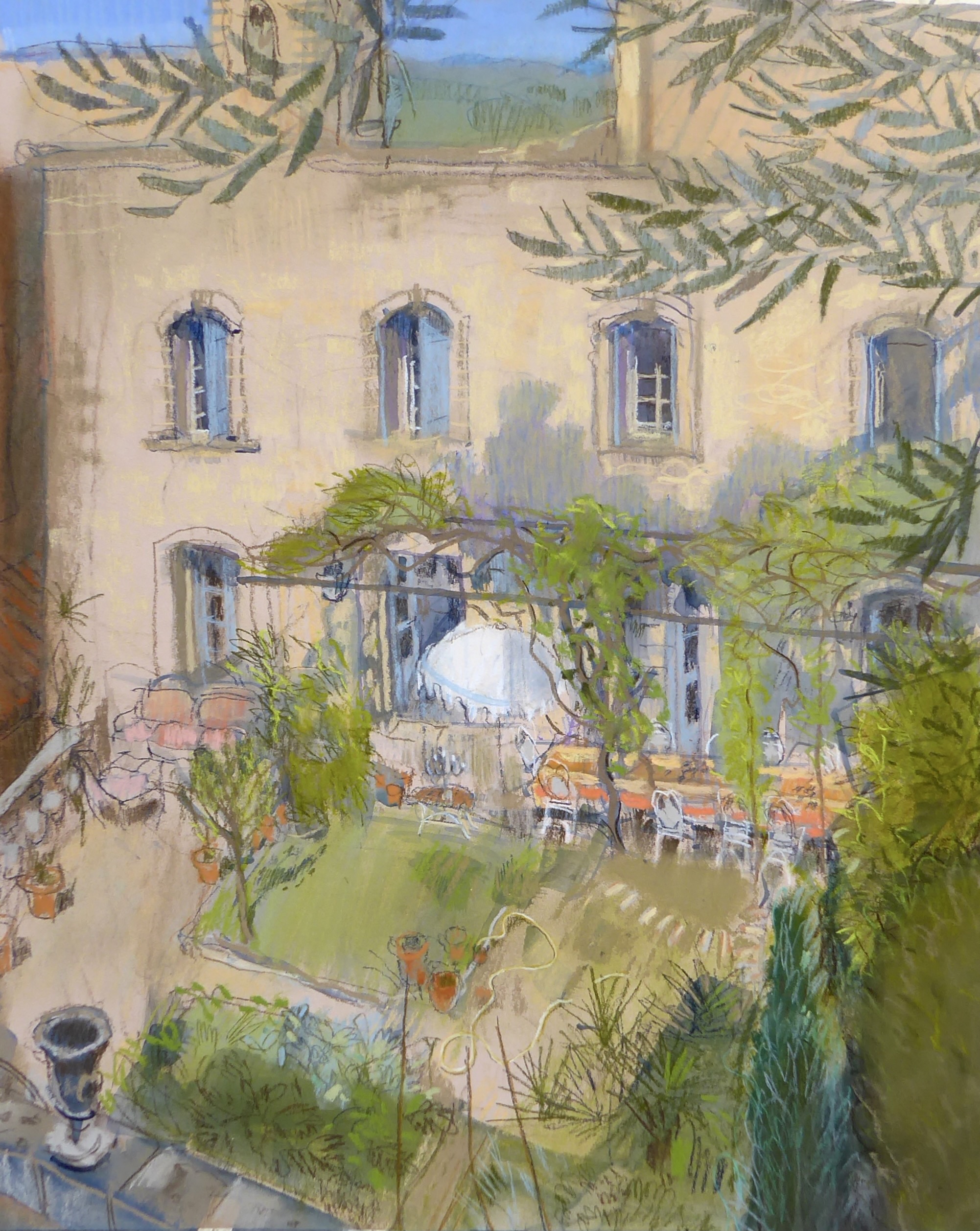 Colour of paper - Felicity House, "Garden at Hotel de L’Orange," pastel, 54 x 40 cm (19 x 14 in). Buff building + warm buff paper