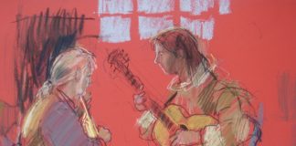 Colour of paper: Felicity House, "Guitar Players," pastel, 34 x 30 cm (16 x 12 in). Bright papers for atmosphere