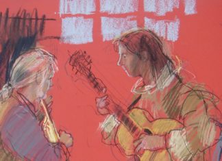 Colour of paper: Felicity House, "Guitar Players," pastel, 34 x 30 cm (16 x 12 in). Bright papers for atmosphere