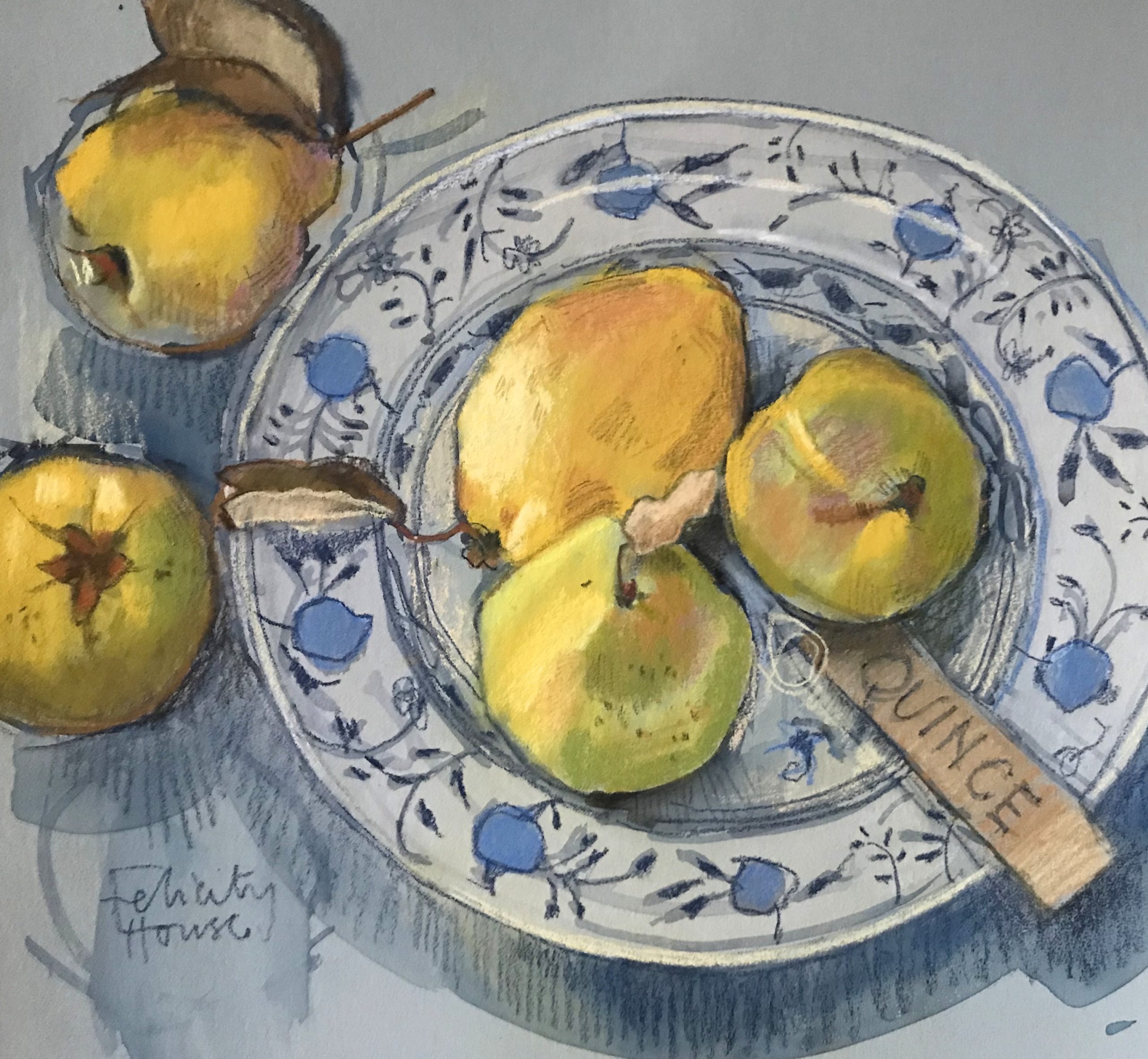 Colour of paper - Felicity House, "Q is for Quince," pastel with watercolour underpainting, 20 x 24 cm (8 x 10 in). Cool paper with warm subject matter.