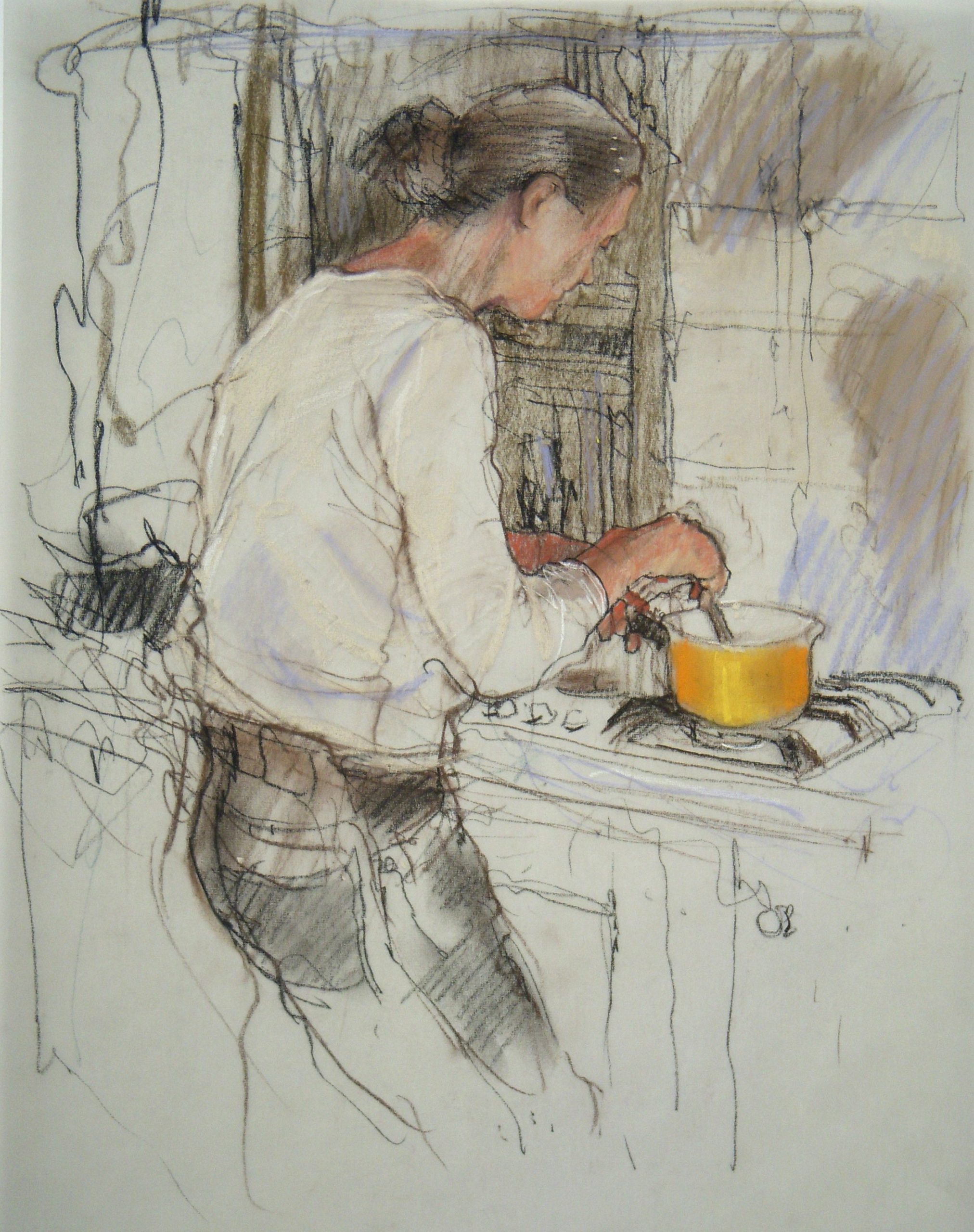Colour of paper: Felicity House, "The Yellow Saucepan," pastel and soft charcoal pencil, 30 x 22 cm (12 x 8 in). Use pale paper when the drawn line is important 