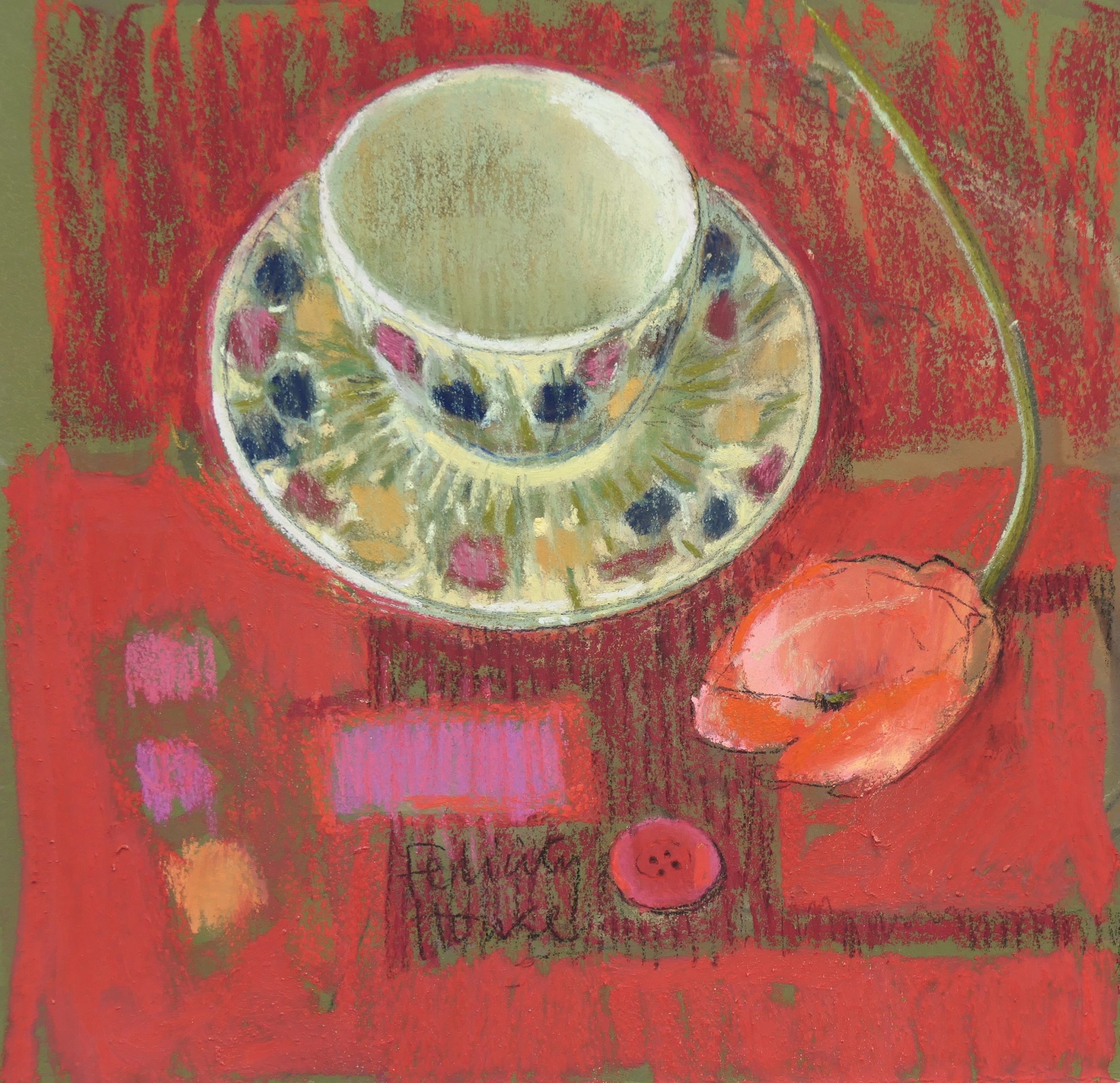 Colour of paper - Felicity House, "Tulip Cup and Saucer," pastel, 18 x 18 cm (7 x 7 in). Green paper - Red subject.