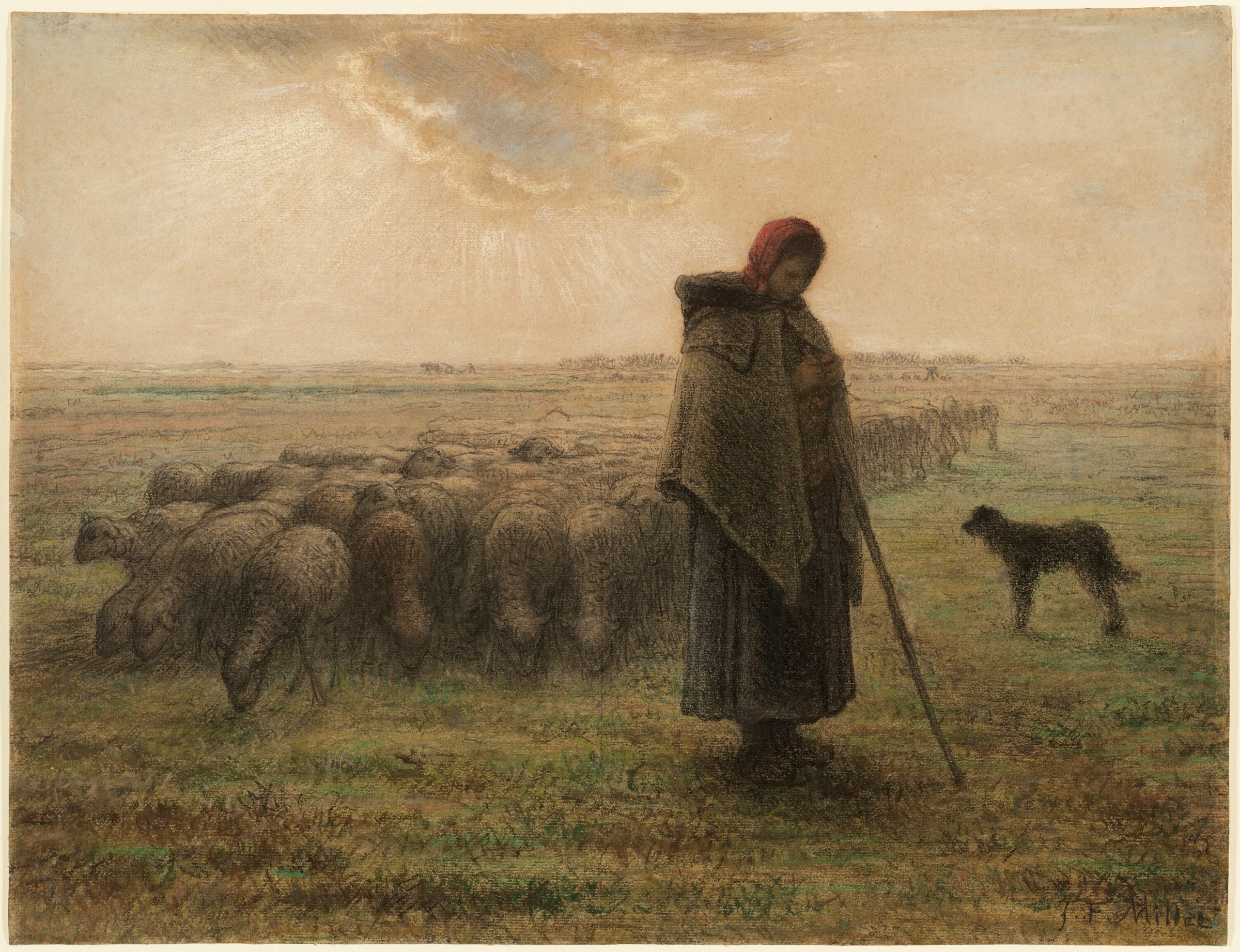 Jean-François Millet, Shepherdess and Her Flock, c.1864-5, black chalk and pastel on paper, 36.4 x 47.5 cm (14 5:/6 x 18 11/16 in), The J.Paul Getty Museum, Los Angeles, California, USA