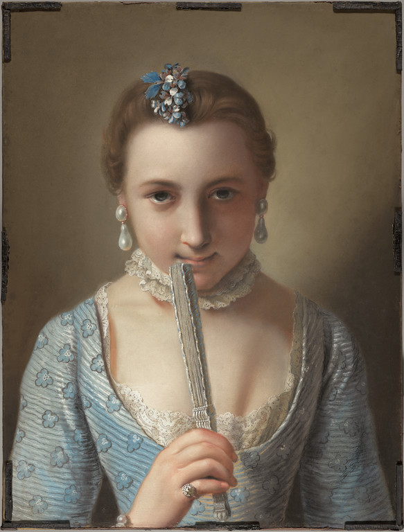Eighteenth-century pastels: Pietro Antonio Rotari, Young Woman with a Fan, early 1750s, pastel on blue-green paper, mounted on canvas, 46 x 37 cm (18 1/8 x 14 9/16 in), The J.Paul Getty Museum, Los Angeles, California, USA
