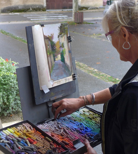 Sally Strand on location with her converted Strada Easel Box