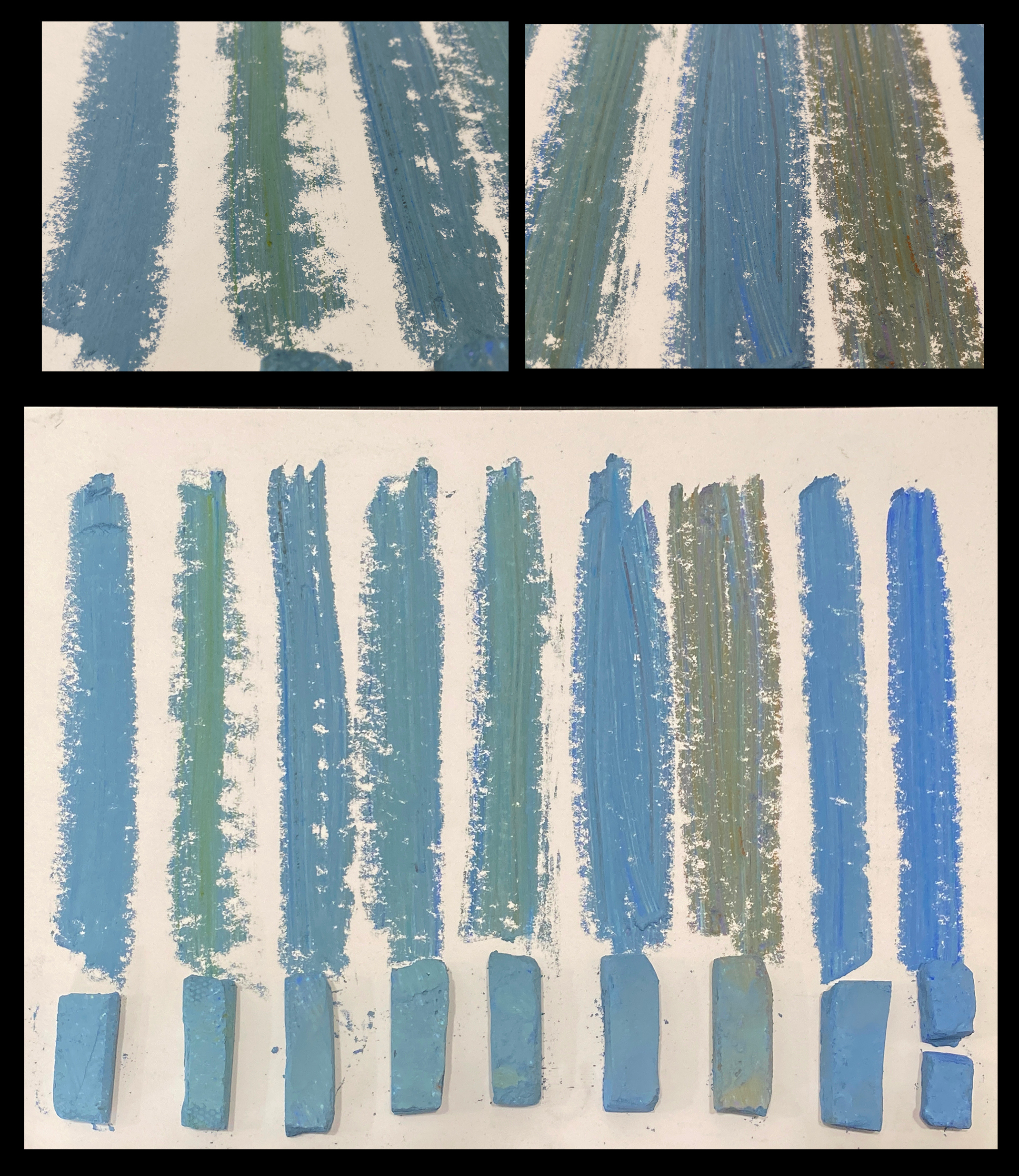 Once dried, lightly send the sticks to smooth some of the ridges. The original blue gray pastel is on the left. You can see the subtle colour changes in each stick as I added other colours to that original dust. Third stick from the right has all the added colours. The last two sticks on the right I added more saturated blues to the original mixture. 