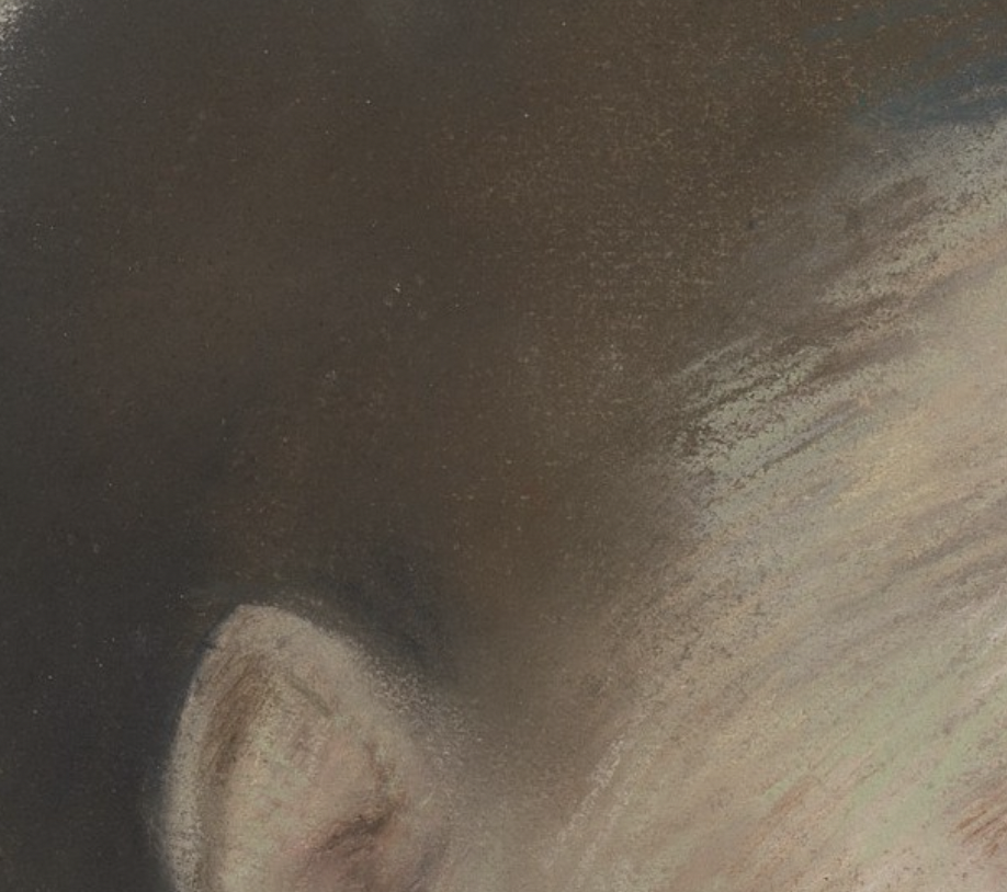 Edgar Degas, "The Artist's Cousin, Probably Mrs. William Bell (Mathilde Musson)," 1873, pastel on green wove paper, now darkened to brown, 18 5/8 x 15 1/8 in (47.3 x 38.4 cm), The Met, New York, USA. Detail - skin meets hair