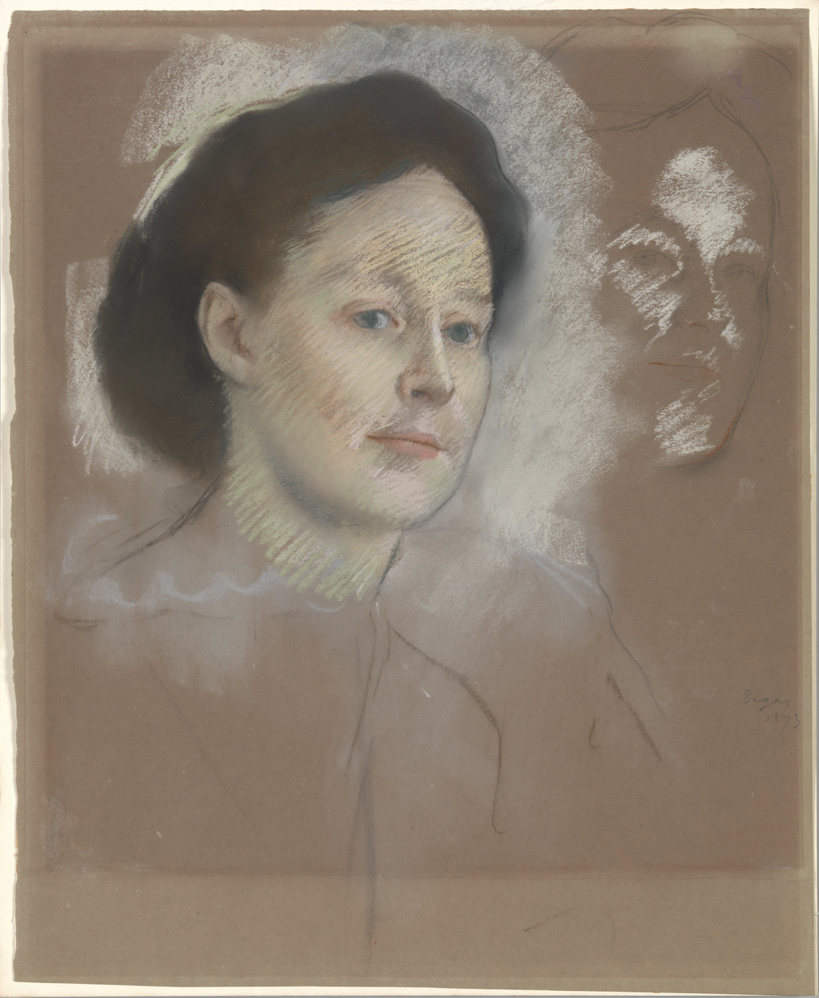 Edgar Degas, "The Artist's Cousin, Probably Mrs. William Bell (Mathilde Musson)," 1873, pastel on green wove paper, now darkened to brown, 18 5/8 x 15 1/8 in (47.3 x 38.4 cm), The Met, New York, USA.