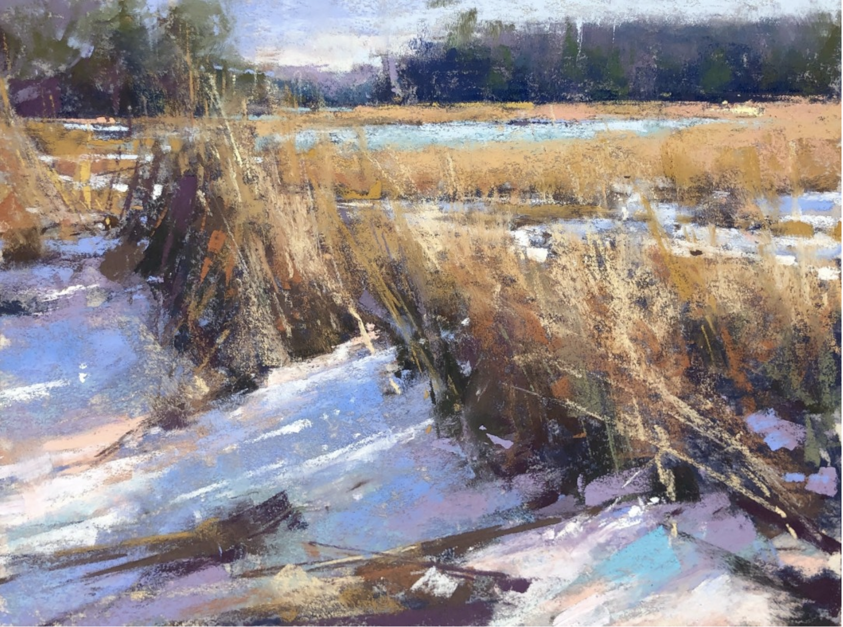 third quarter winners-Jacob Aguiar, "March in Scarborough Marsh, "pastels on UART paper, 6 x 8 in.
