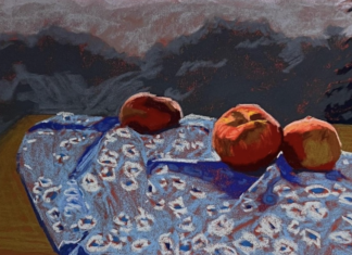 Katie Halahan, Peaches and a Mountain View, pastels onLaCarte, 18 x 24 in