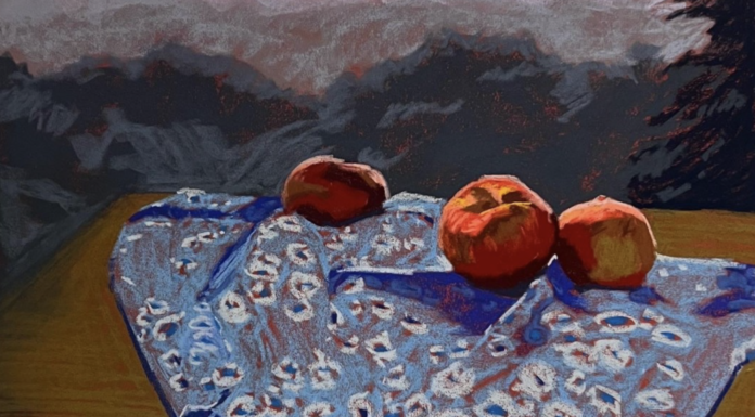 Katie Halahan, Peaches and a Mountain View, pastels onLaCarte, 18 x 24 in