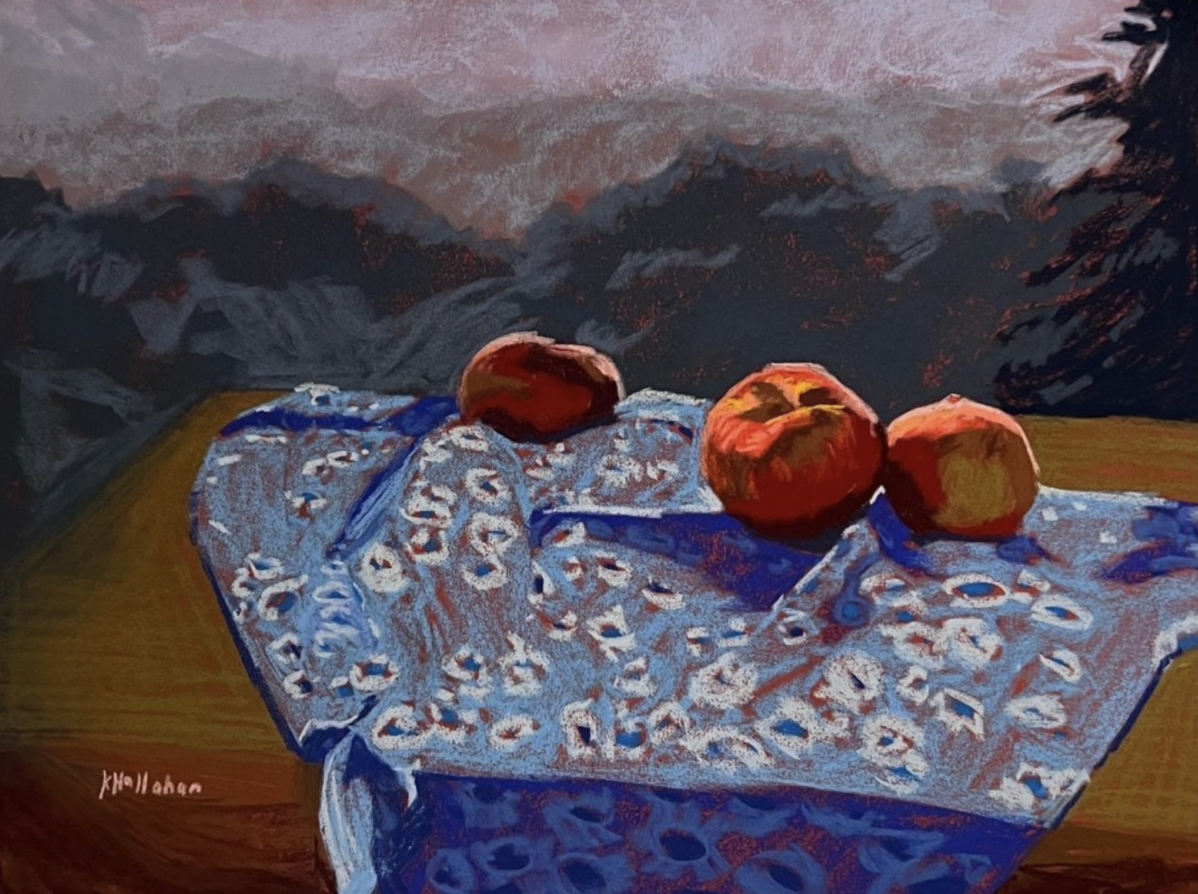 third quarter winners-Katie Halahan, "Peaches and a Mountain View," pastels on LaCarte, 18 x 24 in.