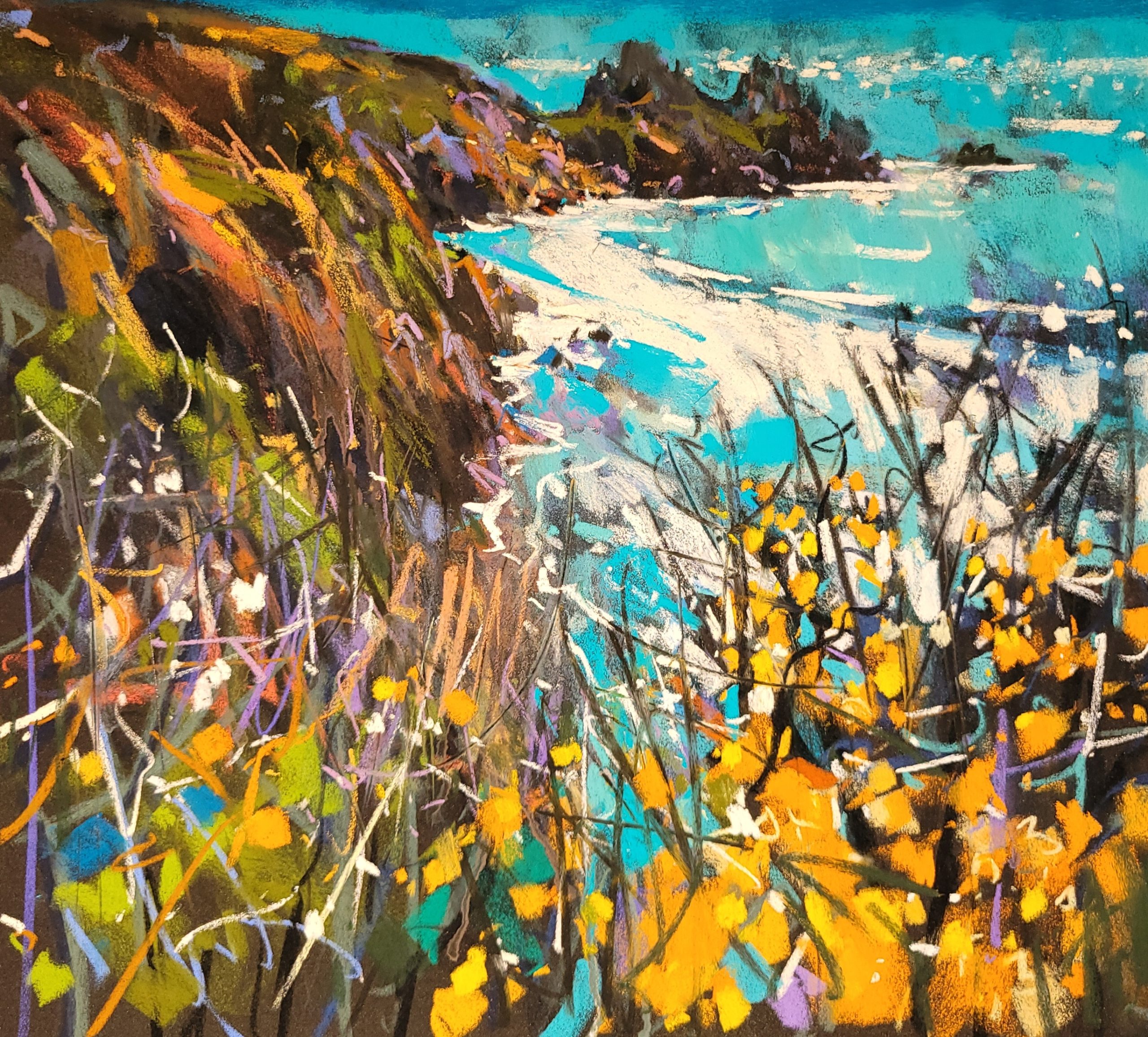 Richard Suckling, "Coastal Path Near Porthcurno," mixed pastels on reused Sennelier La Carte Pastel Card, 19 x 20 in