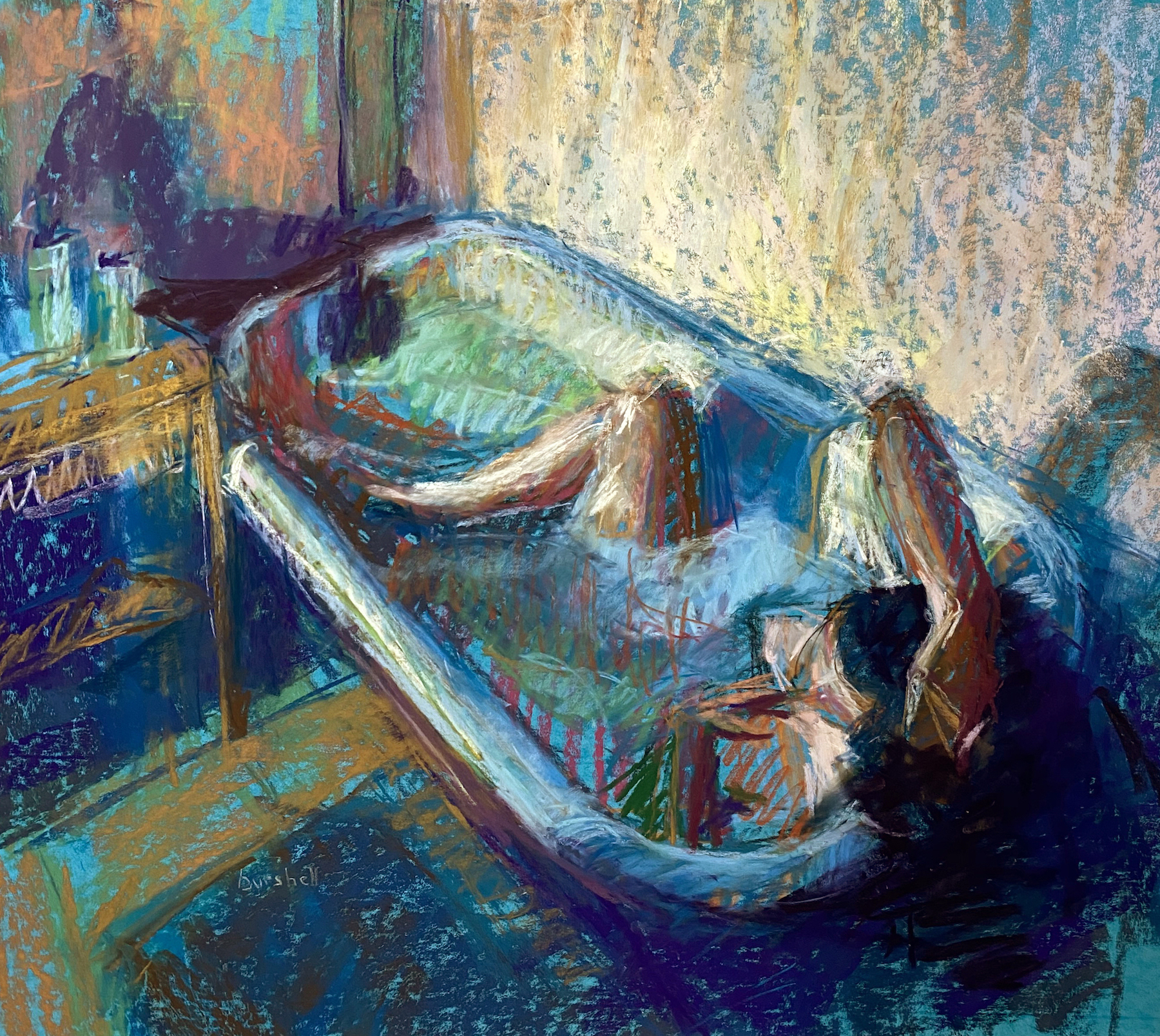 Sandra Burshell, "The Tub," pastel on sanded pastel paper, 18 x 20 in.
