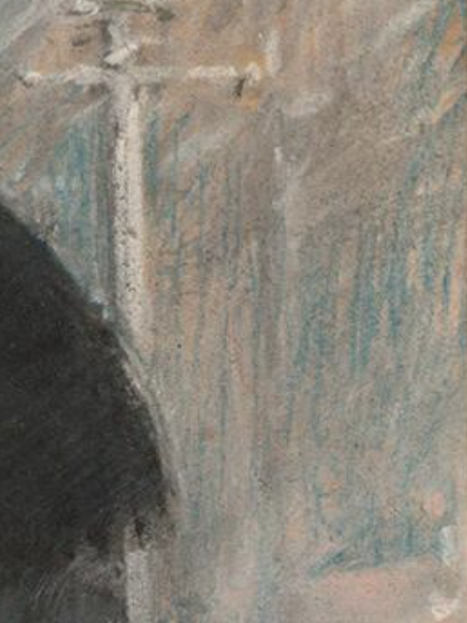 Childe Hassam, "A New York Blizzard," c.1890, pastel on wood pulp cardboard, 35 x 24 Cm (13 3/4 x 9 7/16 in), Isabella Stewart Gardner Museum, Boston, Massachusetts, USA.- detail showing some of the turquoise hatching.