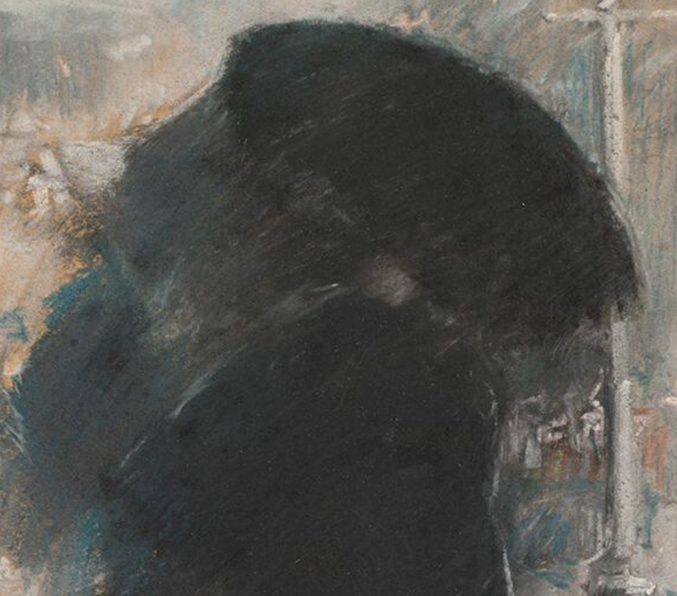 Childe Hassam, "A New York Blizzard," c.1890, pastel on wood pulp cardboard, 35 x 24 Cm (13 3/4 x 9 7/16 in), Isabella Stewart Gardner Museum, Boston, Massachusetts, USA.- detail of black coat and umbrella