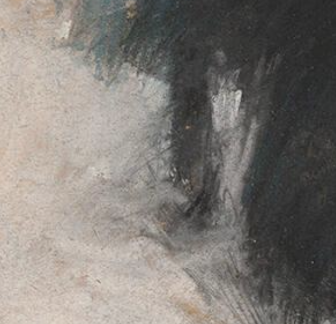 Childe Hassam, "A New York Blizzard," c.1890, pastel on wood pulp cardboard, 35 x 24 Cm (13 3/4 x 9 7/16 in), Isabella Stewart Gardner Museum, Boston, Massachusetts, USA.- detail showing the softened contour edge