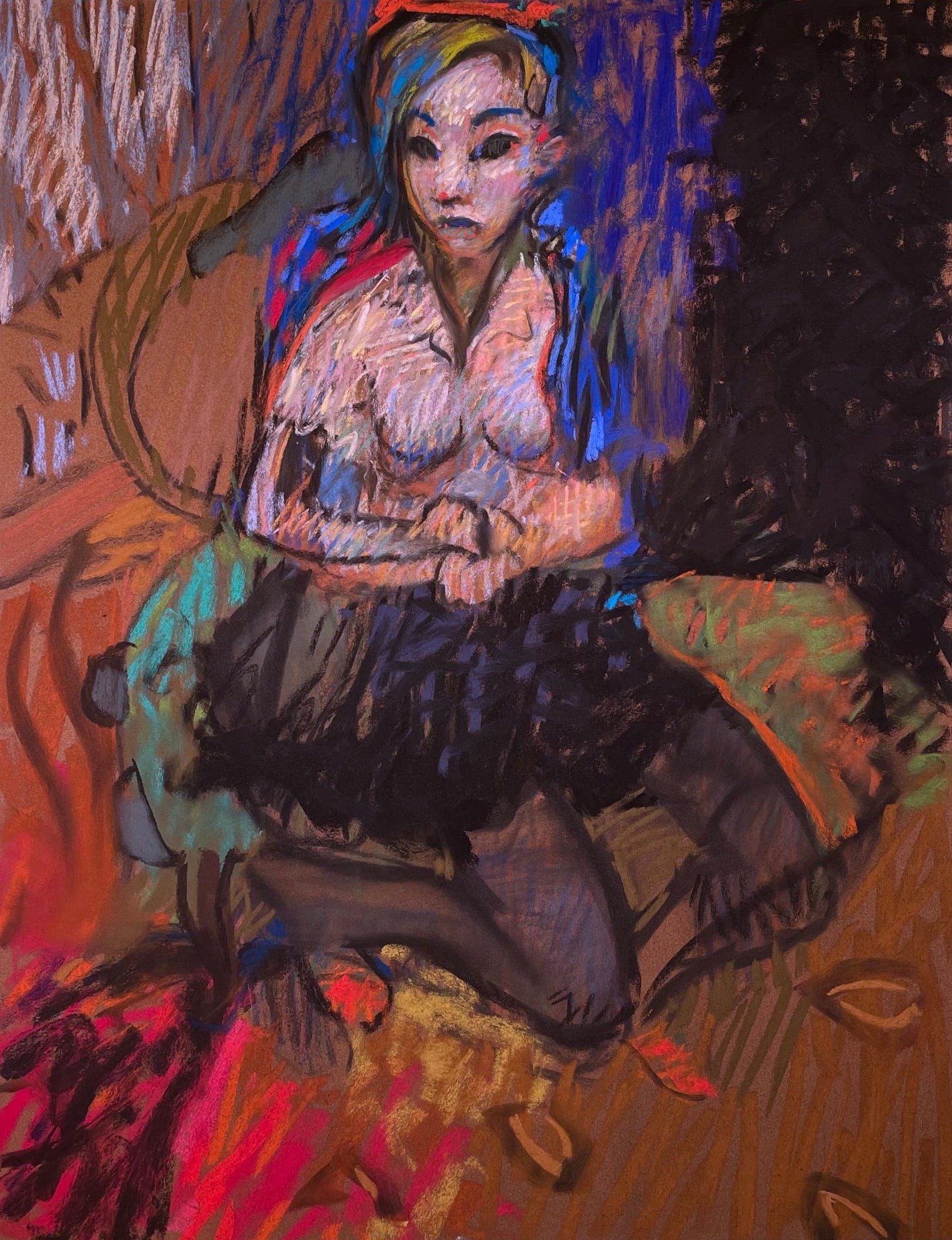 Influence of Matisse's "Woman With a Hat": Casey Klahn, "Model Seated in the Brown Chair," 2022, pastel on paper