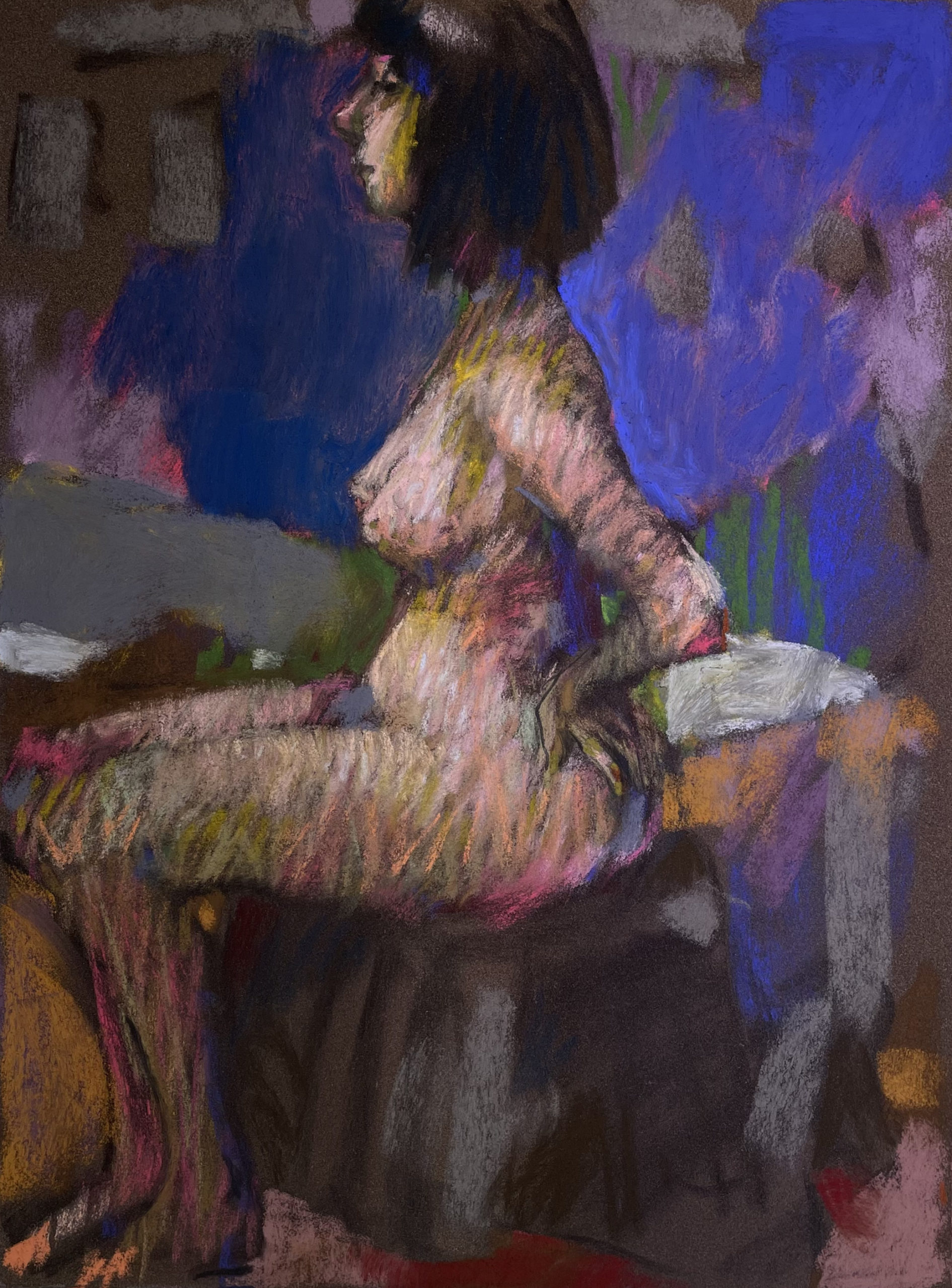 Influence of Matisse's "Woman With a Hat": Casey Klahn, "Nude in an Interior, Side Pose, Seated on an Ottoman," 2022, pastel on paper.