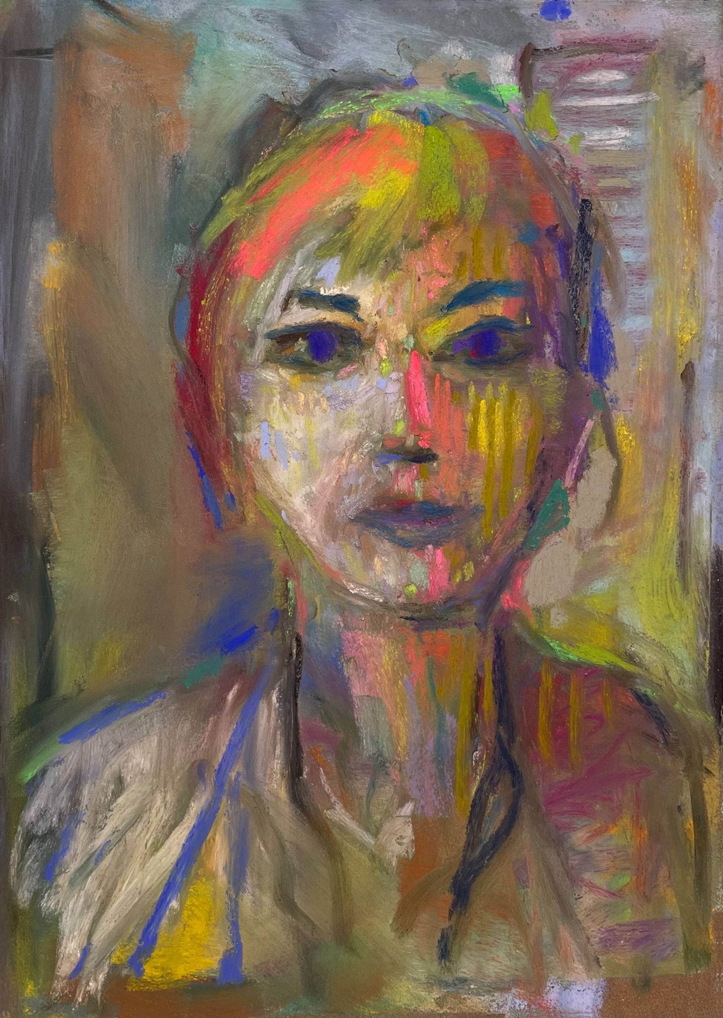 Influence of Matisse's "Woman With a Hat": Casey Klahn, "Mallory on Zoom," 2022, pastel on paper
