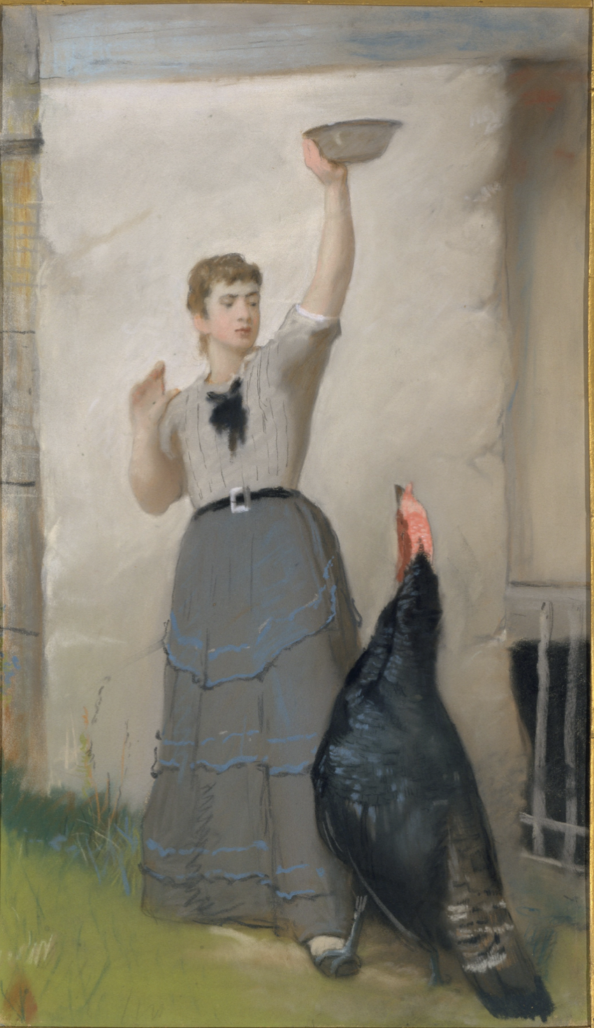 Eastman Johnson, "Feeding the Turkey," ca. 1872-80, pastel on wove paper mounted to canvas on a wooden stretcher, 61 x 35.6 cm (24 x 14 in), Metropolitan Museum of Art, New York, USA -
