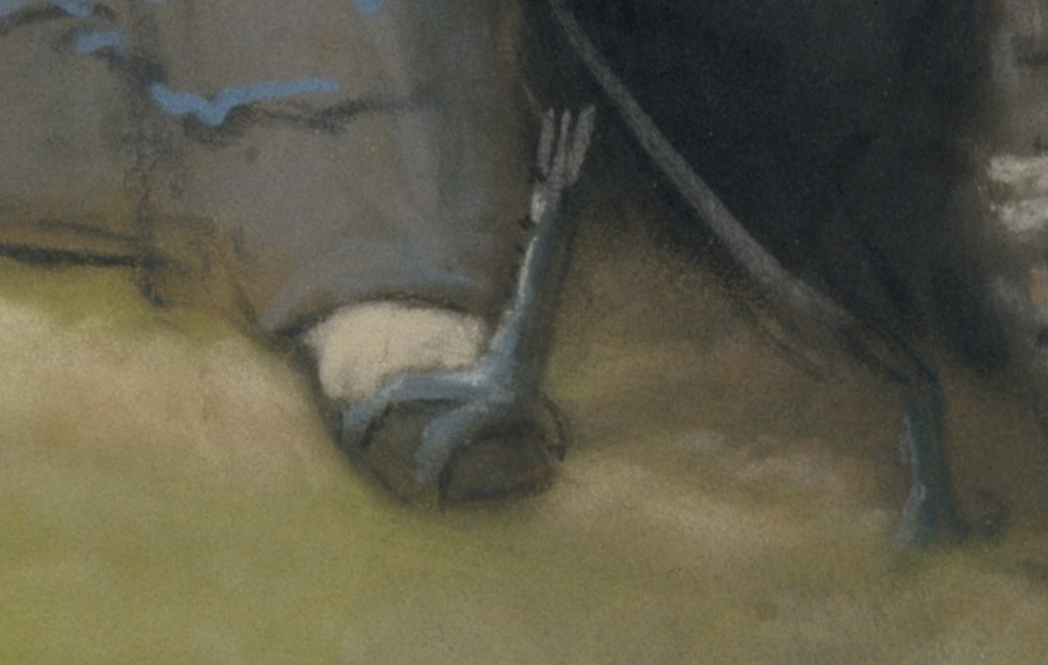 Eastman Johnson, "Feeding the Turkey," ca. 1872-80, pastel on wove paper mounted to canvas on a wooden stretcher, 61 x 35.6 cm (24 x 14 in), Metropolitan Museum of Art, New York, USA - detail of feet!