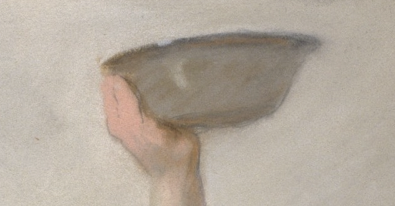 Eastman Johnson, "Feeding the Turkey," ca. 1872-80, pastel on wove paper mounted to canvas on a wooden stretcher, 61 x 35.6 cm (24 x 14 in), Metropolitan Museum of Art, New York, USA - detail of bowl